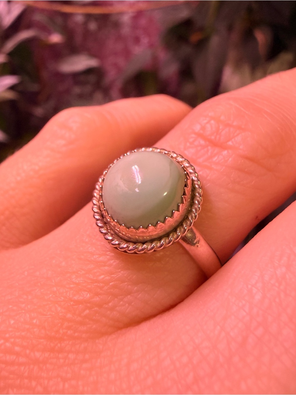 Vintage Handmade Sterling Silver Ring Blue Green Cabochon Rope Bezel Statement